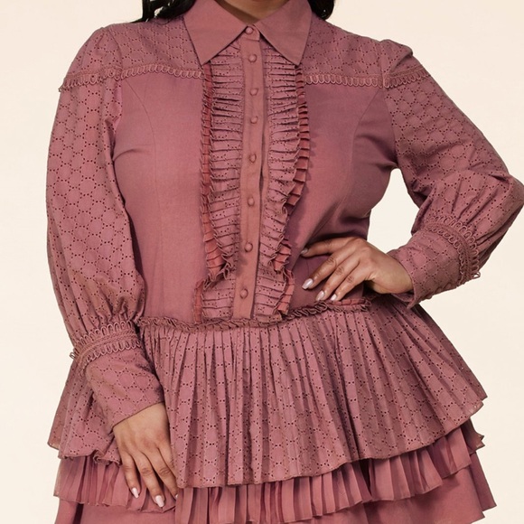 L'ATISTE Dresses & Skirts - L'ATISTE LONG SLEEVE BUTTON UP COLLAR RUFFLE TIERED MINI DRESS SIZE 1X